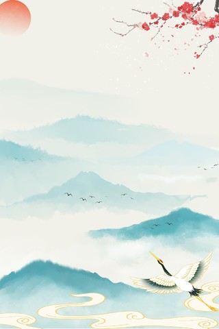 白色中国风水墨山水日出梅花仙鹤海报背景